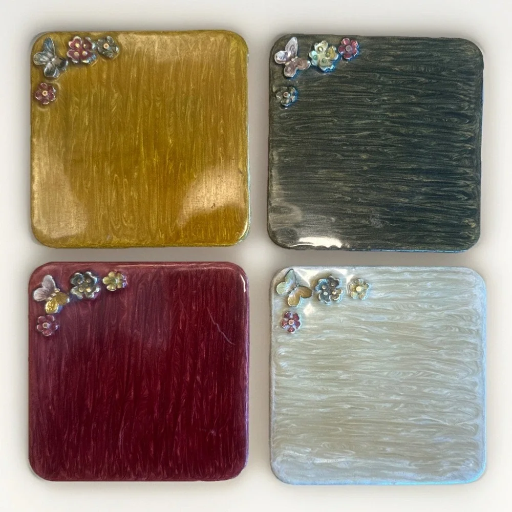 Vintage Mike‎ + Ally RARE Elegant Butterfly Flowers Lacquered Coasters Set of 4